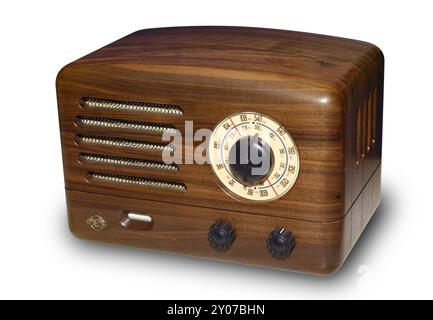 Wooden retro VEF radio with vacuum tube amplifier. Isolated silhouette on white background with a clipping path Stock Photo