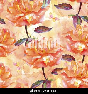 A seamless pattern with a watercolor drawing of a blooming rose, hand painted, with a butterfly and splashes of paint, pink toned Stock Photo