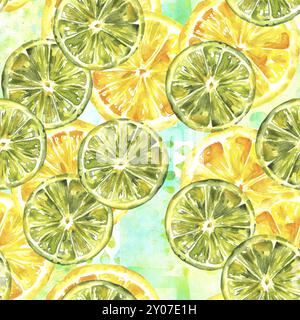 A seamless pattern with vibrant hand drawn watercolour lemons and limes on a teal patchwork texture, healthy food repeat print Stock Photo