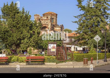 Nesebar, Bulgaria, July 25, 2016: Old ruins and wooden houses on the street of Nessebar ancient city, Europe Stock Photo