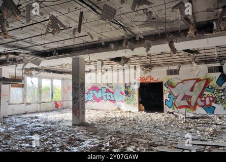 Dining room of a disused factory in Magdeburg Stock Photo