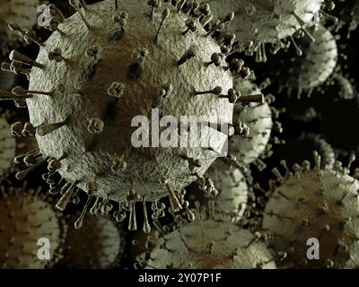 Flu virus H1N1 H5N1 influenza A virus particles, virions. Conceptual 3D illustration of spreading virus Swine flu, avian flu, canine flu, equine flu e Stock Photo