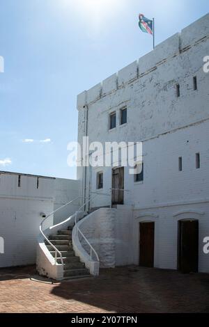 The first Fort Namutoni, now central to a camp in Etosha National Park, saw action in 1905 and was burnt down.  This white building, is the third fort Stock Photo