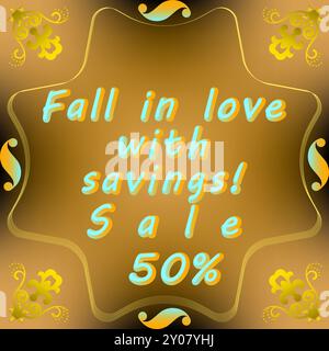 This eye-catching promotional image features a bold, starburst-shaped badge with a rich golden background adorned with elegant swirls and leaf motifs Stock Vector