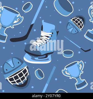 Ice hockey elements seamless pattern. Repeated professional sports accessories, skates, clubs, pucks, cup and helmet. Decor textile, wrapping Stock Vector
