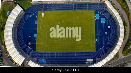 Aerial image of Manchester Regional Arena at City Campus with running tracks. Stock Photo