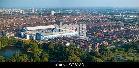 An aerial view of Goodison Park, Everton's home stadium, with the city of Liverpool in the background. Stock Photo