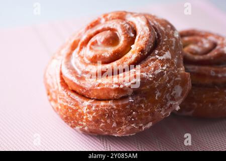 A closeup view of some cinnamon rolls. Stock Photo