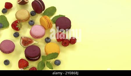 Group of colorful macaroons and fruits contrast between the indulgent macaroons and the healthy fruit adds combining elements of sweetness, freshness Stock Photo
