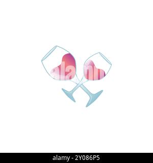 Wine Glasses with Heart Icon - Romantic Toast Vector Illustration Stock Vector