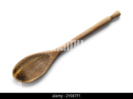 Old Used Wooedn Spoon Cut Out on White. Stock Photo
