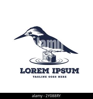 Vintage Retro Hand Drawn Kingfisher Birds Perched on the Lake Creek River Icon Illustration Design Vector Stock Vector