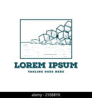Vintage Retro Beach with Cube Box Concrete for Breakwater Illustration Design Vector Stock Vector
