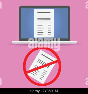 Document on laptop and forbidden document on paper, paperless concept Stock Vector