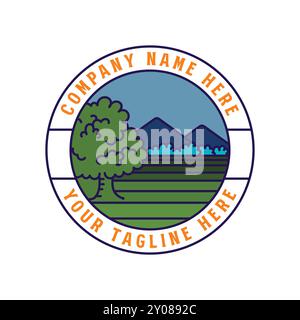 Circular Mountain Hill Landscape with Meadow and Oak Tree for Outdoor Adventure Badge Emblem Label Stock Vector