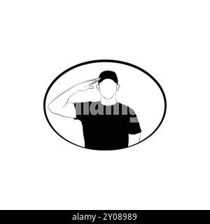 Man Saluting Oval Icon in Black and White Stock Vector