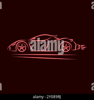 Neon Red Sports Car Silhouette on Dark Background Stock Vector
