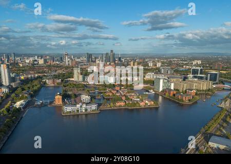 Aerial view of the skyline of Manchester viewed from Salford Quays. Stock Photo