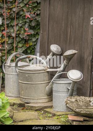 Several metal watering cans on a wooden wall, surrounded by plants and garden paving stones, borken, muensterland, germany Stock Photo