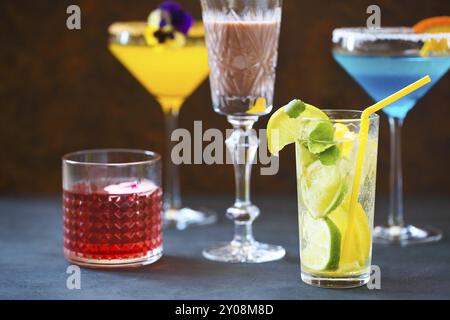 Different cold refreshing cocktails on the table. Selective focus Stock Photo