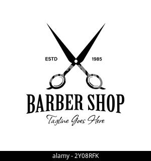 This Vintage Barbershop Logo Design features a simple silhouette of Scissors of a traditional Barbershop Stock Vector