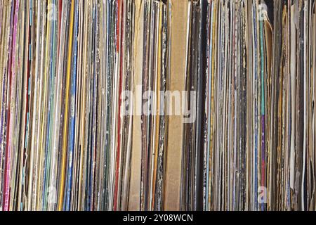 Stacked second hand vinyl records at flea market Stock Photo