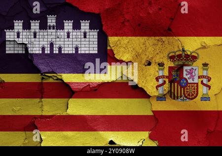 flags of Balearic Islands and Spain painted on cracked wall Stock Photo ...