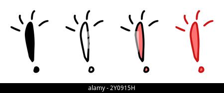 Set of exclamation mark icons featuring colored illustrations, black silhouette, and black outline versions. Isolated on white background. Concept of Stock Vector