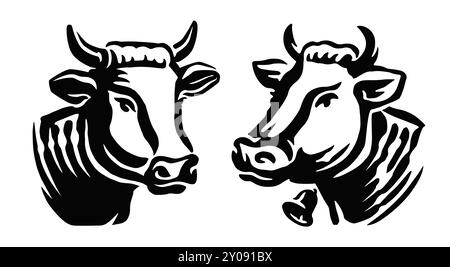 Cow, bull portrait head emblem or symbol. Hand drawn farm animals black and white vector illustration Stock Vector