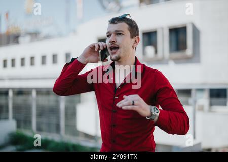 Young businessman talking on cellphone in the city Stock Photo