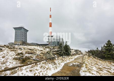 Landscape with snow on the Brocken in the Harz Mountains Stock Photo