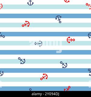 Seamless anchor pattern on navy white and blue background Stock Vector