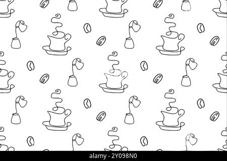 Seamless pattern of coffee, vector background. Cute beverages, hot drinks flat line icons - coffeemaker machine, beans, cup, grinder. Repeated texture Stock Vector