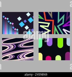 This image features four distinct abstract geometric designs each set against a dark background Stock Vector