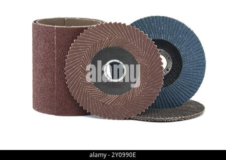 Several sanding discs and sandpaper in close-up view isolated on white background, typically used for grinding, sanding, and polishing in various indu Stock Photo