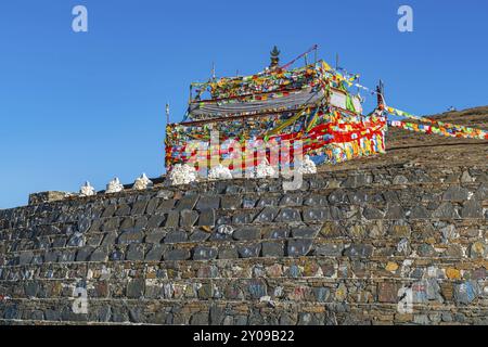 Sichuan, China, April 8, 2017 : Prayer flags on the hill at Zheduo Shan Pass Kangding, Sichuan, China, Asia Stock Photo