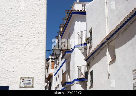 Narrow streets in the old town of Sitges, Spain, Europe Stock Photo