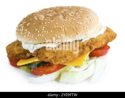 Fish Burger isolated on white background (close-up shot) Stock Photo