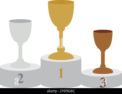 Winners podium with cups. Pedestal with awards for people who took first, second and third place in competition. Prizes for champions. Stock Vector
