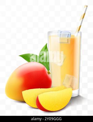 A glass of fresh mango fruit juice or smoothie with ice cubes falling into the glass. Cup of vitamin cocktail or yogurt with tasty mango, isolated on Stock Vector