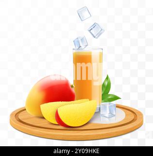 A glass of fresh mango juice or smoothie with ice cubes on a wooden tray isolated on transparent background. Whole and pieces of ripe mango on cutting Stock Vector