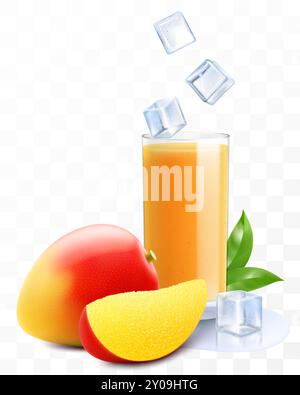 A glass of fresh mango fruit juice or smoothie with ice cubes falling into the glass. Cup of vitamin cocktail or yogurt with tasty mango, isolated on Stock Vector