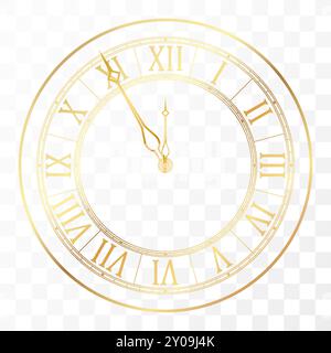 Golden elegant roman numerals clock. Antique time design. Luxury glossy golden clock face dial of round shape vector illustration isolated on white ba Stock Vector
