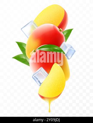 Tropical ripe mango fruit and ice cubes. Composition of fresh mango with leaves, whole mango, half and slices of exotic fruit, 3D realistic vector ill Stock Vector