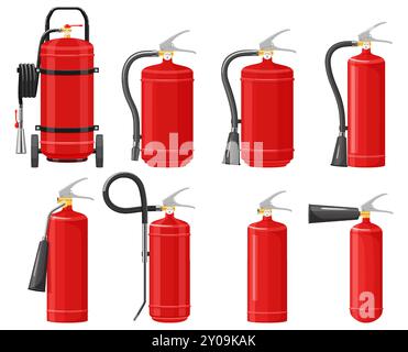 Set of red extinguishers isolated on white background: different types of handle extinguishers, water, carbon dioxide, foam, powder and wet chemicals. Stock Vector