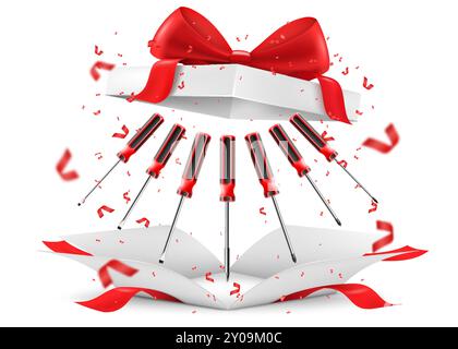 Screwdrivers inside open gift box with red ribbon and bow. Gift concept. Metal tools for Home Repairs and Mechanical Work. Realistic 3d vector illustr Stock Vector