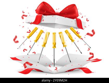 Screwdrivers inside open gift box with red ribbon and bow. Gift concept. Metal tools for Home Repairs and Mechanical Work. Realistic 3d vector illustr Stock Vector