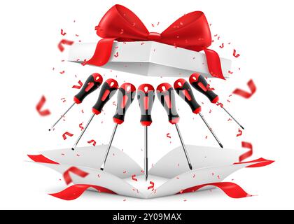 Screwdrivers inside open gift box with red ribbon and bow. Gift concept. Metal tools for Home Repairs and Mechanical Work. Realistic 3d vector illustr Stock Vector
