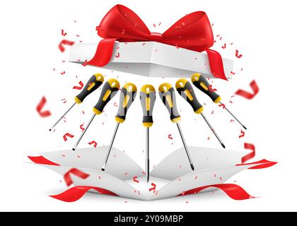 Screwdrivers inside open gift box with red ribbon and bow. Gift concept. Metal tools for Home Repairs and Mechanical Work. Realistic 3d vector illustr Stock Vector