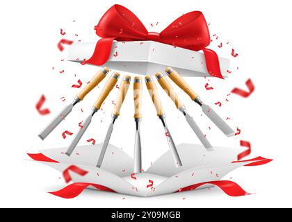 Chisels inside open gift box with red ribbon and bow. Gift concept. carpentry hand tools for woodworking and wood carving. Realistic 3d vector illustr Stock Vector
